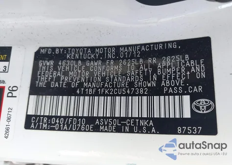 2012 Toyota Camry Le from USA, damaged, VIN 4T1BF1FK2CU547382